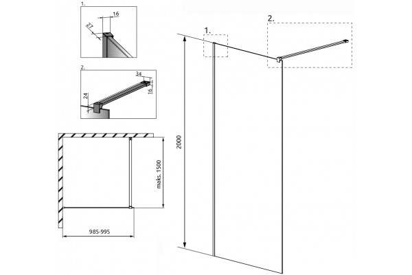 Душевая перегородка Radaway Modo X Black II Frame 100 стекло прозрачное, профиль черный
