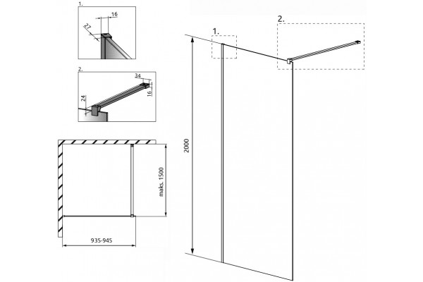 Душевая перегородка Radaway Modo X Black II Frame 95 стекло прозрачное, профиль черный