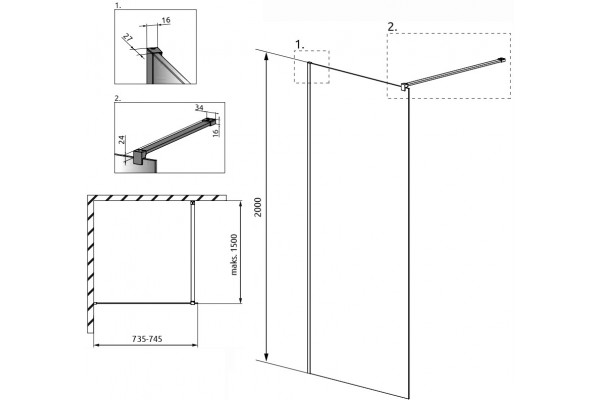 Душевая перегородка Radaway Modo X Black II Frame 75 стекло прозрачное, профиль черный