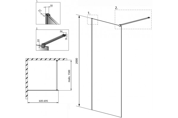Душевая перегородка Radaway Modo X Black II Frame 70 стекло прозрачное, профиль черный