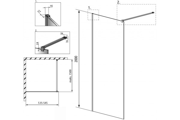 Душевая перегородка Radaway Modo X Black II Frame 55 стекло прозрачное, профиль черный