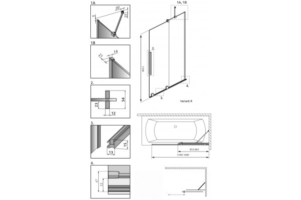 Шторка на ванну Radaway Furo Black PND II 10109838-54-01R раздвижная, стекло прозрачное