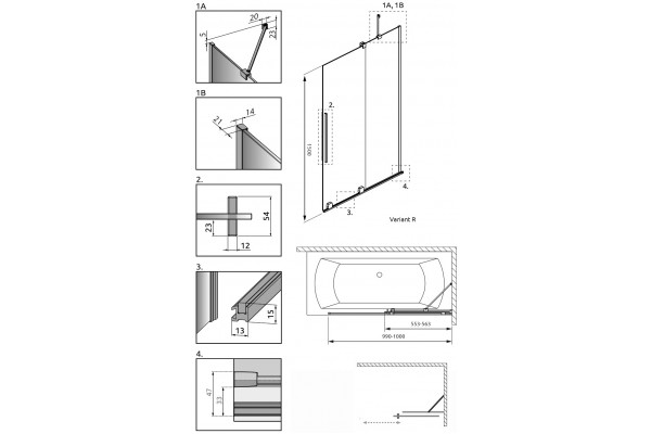 Шторка на ванну Radaway Furo Black PND II 10109538-54-01R раздвижная, стекло прозрачное