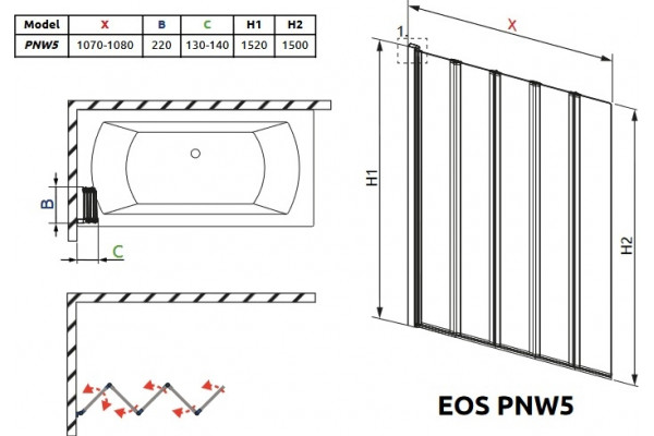 Шторка на ванну Radaway EOS PNW 5 1205501-101 складная, стекло прозрачное