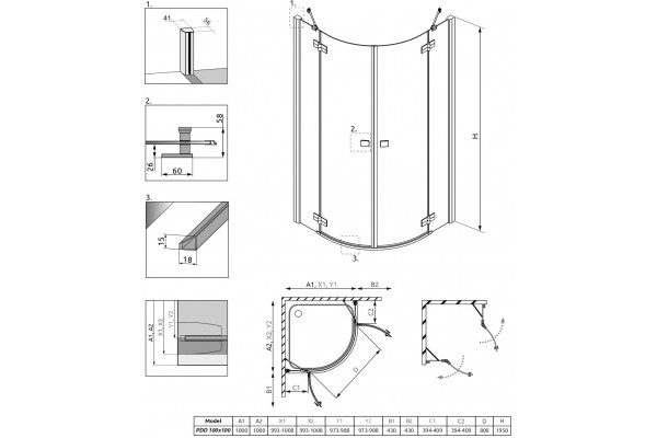 Душевой уголок Radaway Almatea PDD 100x100 четверть круга, двери распашные