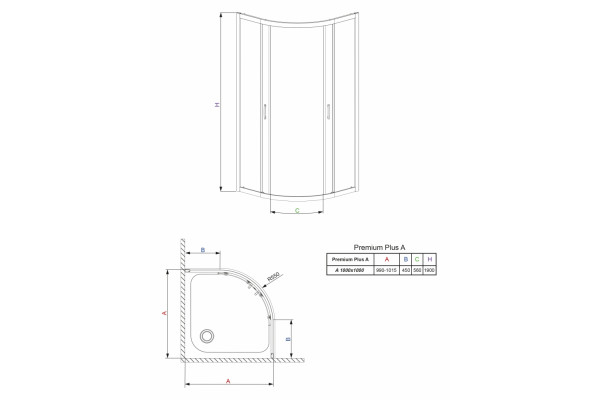 Душевой уголок Radaway Premium Plus A 100x190 прозрачное стекло четверть круга, двери раздвижные