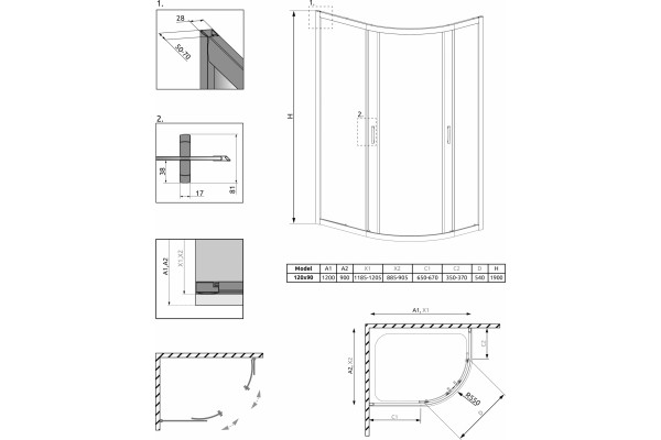 Душевой уголок Radaway Premium Plus E 120x90x190 матовое стекло четверть круга, двери раздвижные
