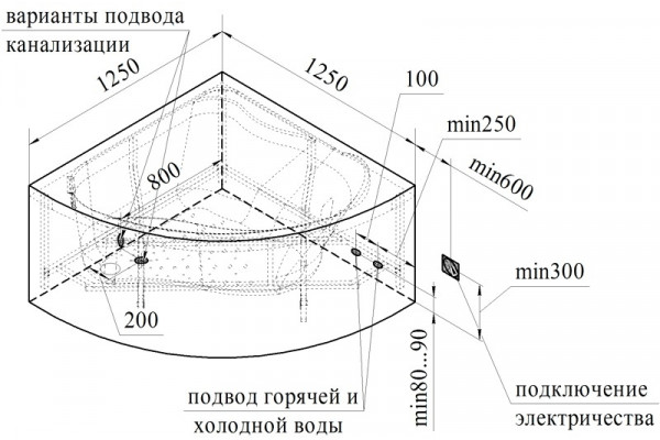 Акриловая ванна Radomir Vannesa Massage Альтея 125х125, с гидромассажем, каркасом и экраном, классик, четверть круга, пристенная