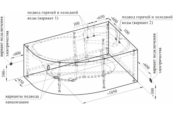 Акриловая ванна Radomir Vannesa Massage Ирма 150х97, с каркасом и экраном, актив, R, асимметричная, пристенная