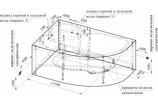 Акриловая ванна Radomir Vannesa Massage Ирма 160х105, с каркасом и экраном, классик, L, асимметричная, пристенная