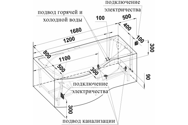 Акриловая ванна Radomir Vannesa Massage Миранда 168х95, с гидромассажем, каркасом и экраном, актив, L, асимметричная, пристенная