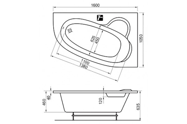 Акриловая ванна Ravak Asymmetric 160 R пристенная, асимметричная, объем 215 л.