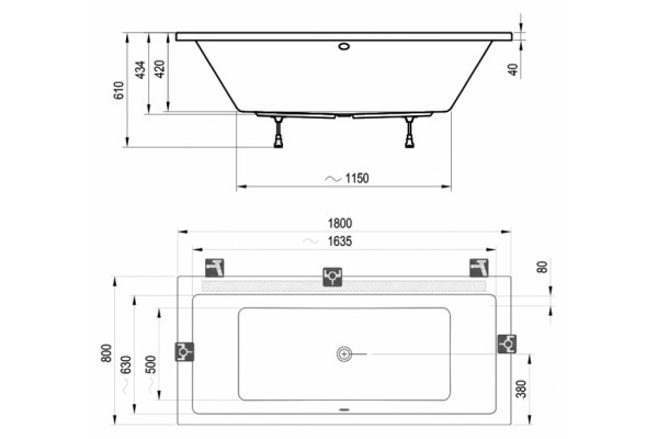 Акриловая ванна Ravak Formy 01 180 пристенная, прямоугольная, объем 240 л.