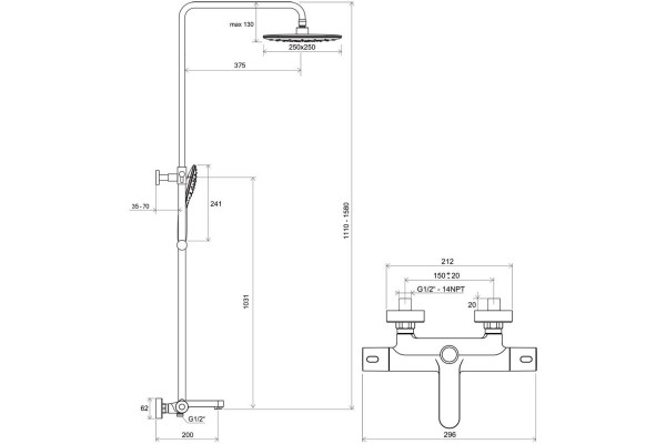 Душевая стойка Ravak Termo 300 TE 092.00/150 штанга 111 см,  в стиле hi-tech
