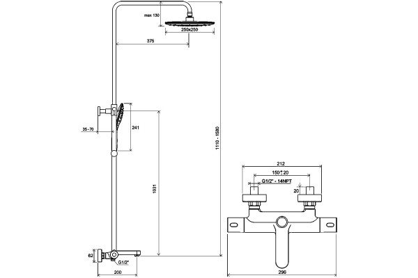 Душевая стойка Ravak Termo 300 TE 092.01/150 хром, штанга 158 см