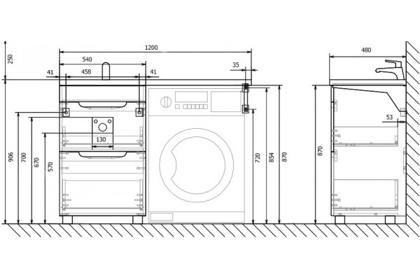 Тумба с раковиной Raval Forte 120 L, под стиральную машину, напольная, с ящиками
