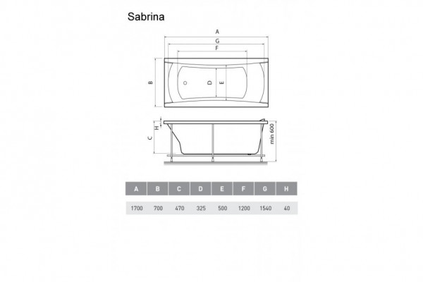Акриловая ванна Relisan Sabrina 170х70 прямоугольная, пристенная, объем 195 л.