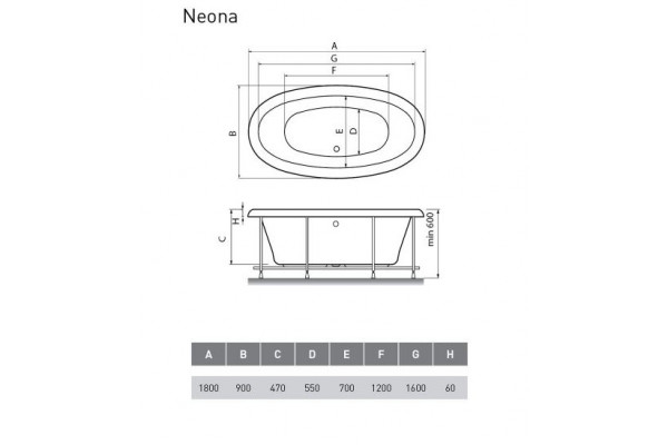 Акриловая ванна Relisan Neona 180х90 овальная, отдельностоящая, объем 260 л.