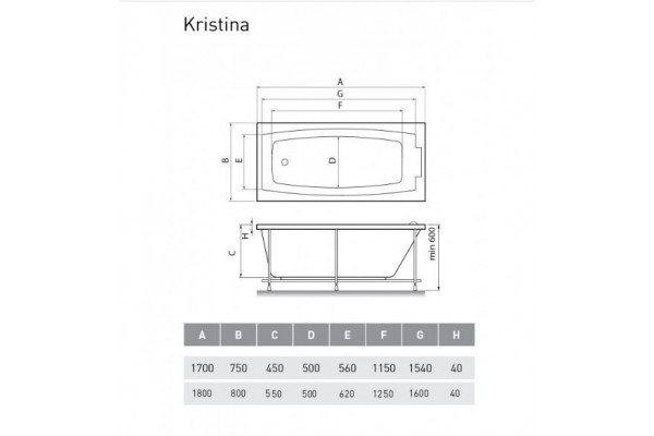 Акриловая ванна Relisan Kristina 180х80 прямоугольная, пристенная, объем 218 л.