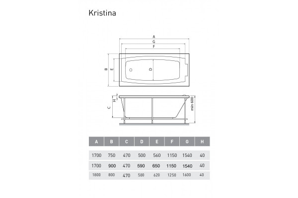 Акриловая ванна Relisan Kristina 170х90 прямоугольная, пристенная, объем 230 л.