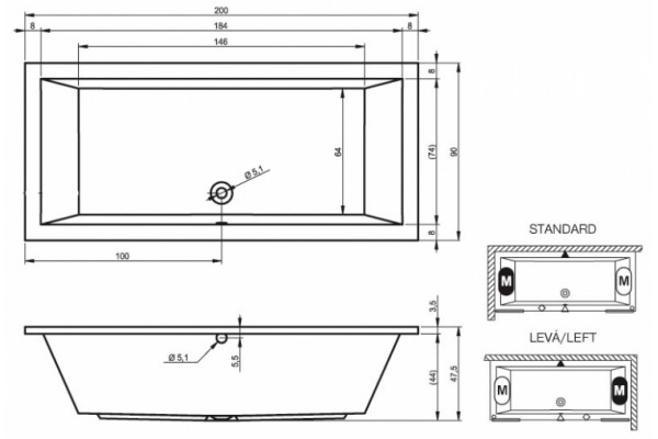 Акриловая ванна Riho Lusso 200x90 пристенная, прямоугольная, объем 390 л.