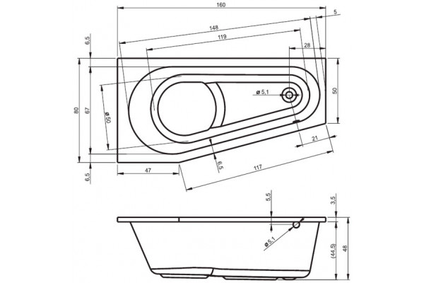 Акриловая ванна Riho Delta 160 R пристенная, асимметричная, объем 210 л.