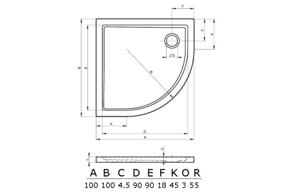Поддон для душа Riho 284 (100 см) четверть круга, низкий