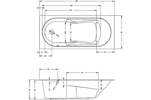 Акриловая ванна Riho Bathtubs Lazy 180х80 L прямоугольная, пристенная