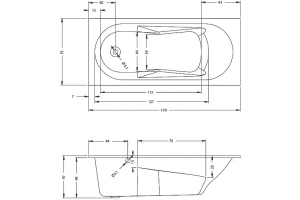Акриловая ванна Riho Bathtubs Lazy 170х75 L прямоугольная, пристенная
