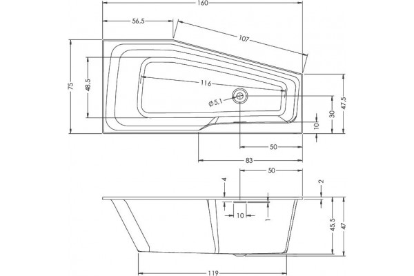 Акриловая ванна Riho Rething Space BR1400500000000 L, 160x75, пятиугольная, встраиваемая