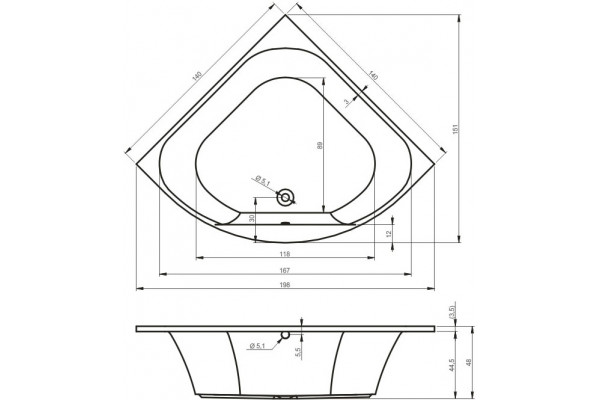 Акриловая ванна Riho Atlanta 140x140 пристенная, четверть круга, объем 340 л.