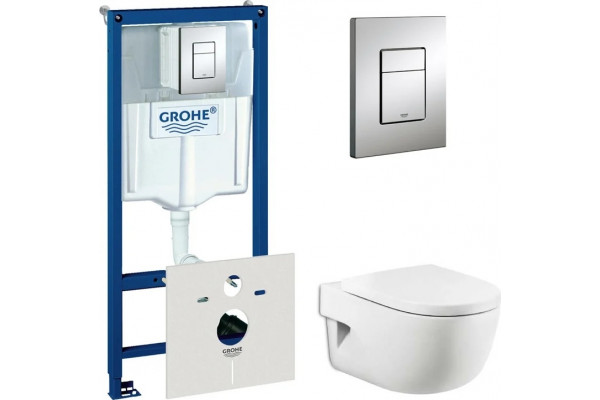 Комплект Система инсталляции для унитазов Grohe Rapid SL 38775001 4 в 1 с кнопкой смыва + Унитаз подвесной Roca Meridian 346247000 + Крышка-сиденье Roca Meridian 8012A2004 с микролифтом, петли хром, цвет белый, бачок 3/6 л