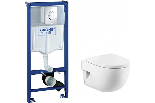 Комплект Система инсталляции для унитазов Grohe Rapid SL 38721001 3 в 1 с кнопкой смыва + Унитаз подвесной Roca Meridian 346248000 укороченная + Крышка-сиденье Roca Meridian 8012AC004 с микролифтом + кнопка Skate Air , цвет белый, бачок 3/6 л
