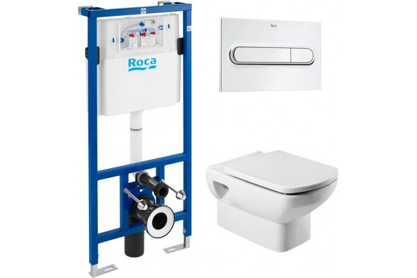 Комплект Система инсталляции для унитазов Roca DUPLO WC 890090020 + Кнопка смыва Roca PL1 Dual хром + Крышка-сиденье Roca Dama Senso ZRU9302820 c микролифтом, петли хром + Унитаз подвесной Roca Dama Senso 346517000, цвет белый, бачок 3/6 л