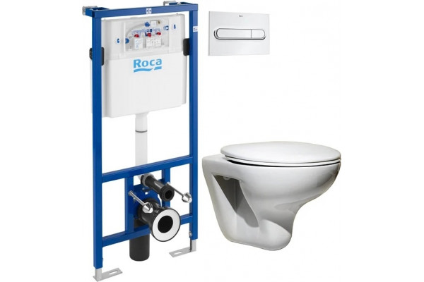 Комплект Система инсталляции для унитазов Roca DUPLO WC 890090020 + Кнопка смыва Roca PL1 Dual хром + Крышка-сиденье Roca Mateo ZRU9302822 с микролифтом, петли хром + Унитаз подвесной Roca Mateo 7346200000, цвет белый, бачок 3/6 л