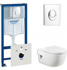 Комплект Система инсталляции для унитазов Grohe Rapid SL 38750001 4 в 1 с кнопкой смыва + Крышка-сиденье Roca Meridian 8012A2004 с микролифтом, петли хром + Унитаз 