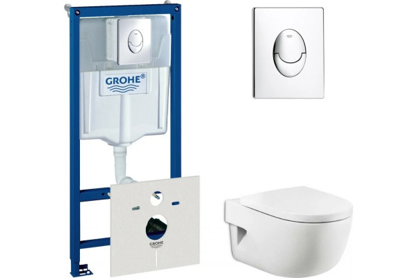 Комплект Система инсталляции для унитазов Grohe Rapid SL 38750001 4 в 1 с кнопкой смыва + Крышка-сиденье Roca Meridian 8012A2004 с микролифтом, петли хром + Унитаз подвесной Roca Meridian 346247000, цвет белый, бачок 3/6 л