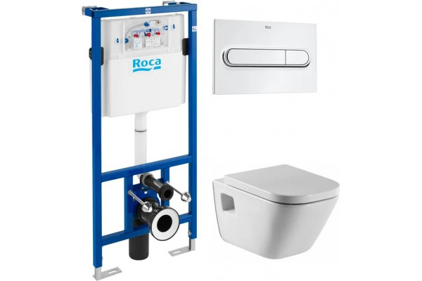 Комплект Система инсталляции для унитазов Roca DUPLO WC 890090020 + Кнопка смыва Roca PL1 Dual хром + Крышка-сиденье Roca Gap 801472004 с микролифтом, петли хром + Унитаз подвесной Roca Gap 34647L000, цвет белый, бачок 3/6 л