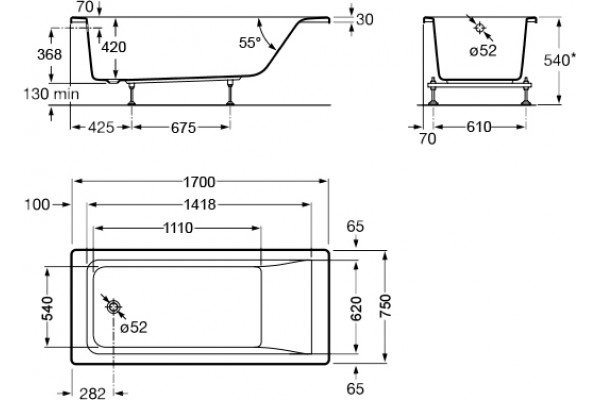 Акриловая ванна Roca Easy 170x75 см прямоугольная, пристенная, объем 215 л.