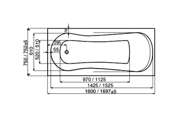 Акриловая ванна Roca Uno 160х75 прямоугольная, объем 220 л.