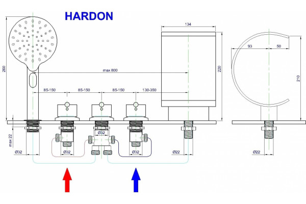 Смеситель Royal Bath Hardon RB611 на борт ванны двухвентильный, серебро