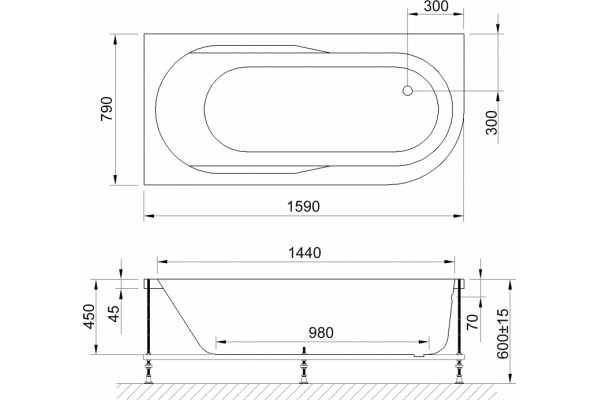 Акриловая ванна Royal Bath Azur RB 614202 L 160 см пристенная, асимметричная