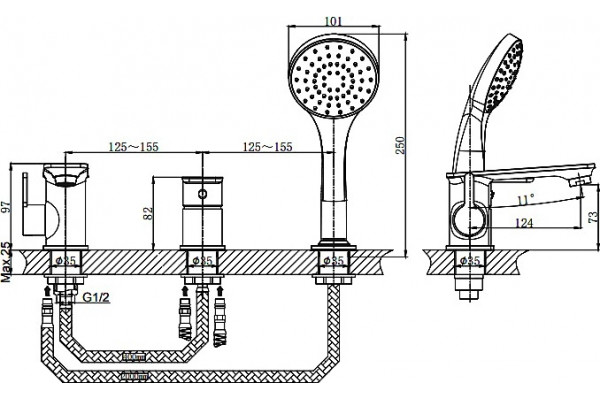 Смеситель Rush Bruny BR4335-333 на борт ванны однорычажный, хром