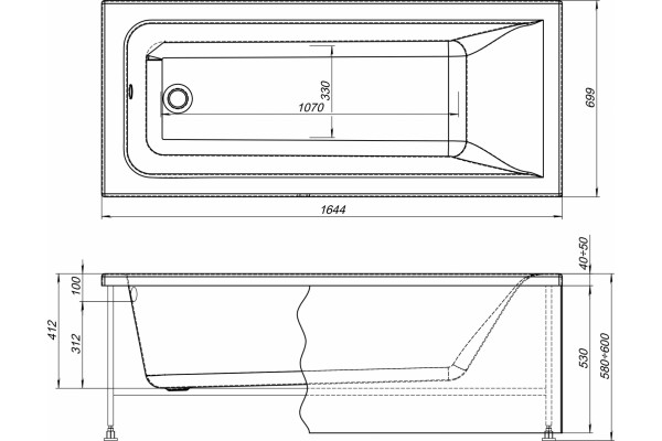 Акриловая ванна STWORKI Стокгольм 165x70 с каркасом, прямоугольная, российская, пристенная, встраиваемая, объем 175 л.