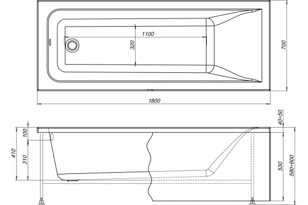Акриловая ванна STWORKI Стокгольм 180x70 с каркасом, прямоугольная, объем 174 л.