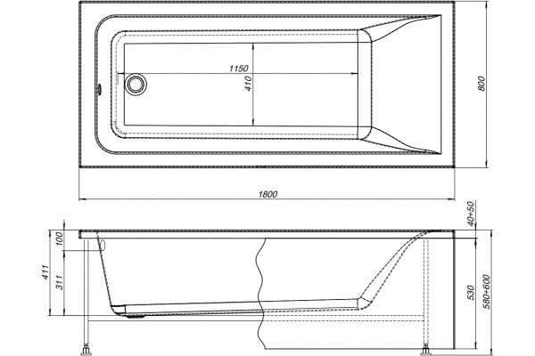 Акриловая ванна STWORKI Стокгольм 180x80 с каркасом, прямоугольная, российская, пристенная, встраиваемая, объем 220 л.