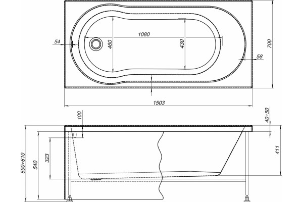 Акриловая ванна STWORKI Хельсинки 150x70 с каркасом, прямоугольная, российская, пристенная, встраиваемая, объем 195 л.