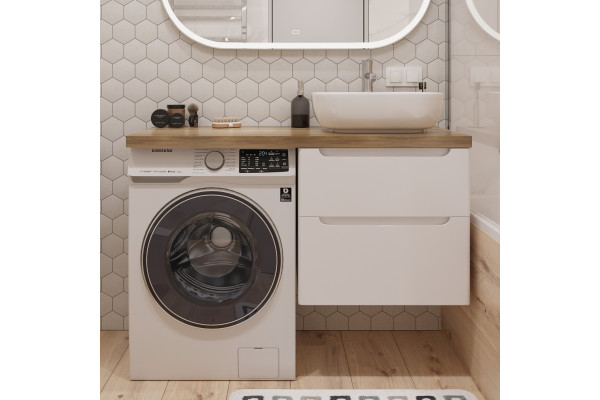 Тумба с раковиной STWORKI Берген 60 белая со светлой столешницей 122, Moduo 50 Square, L, подвесная, с ящиками