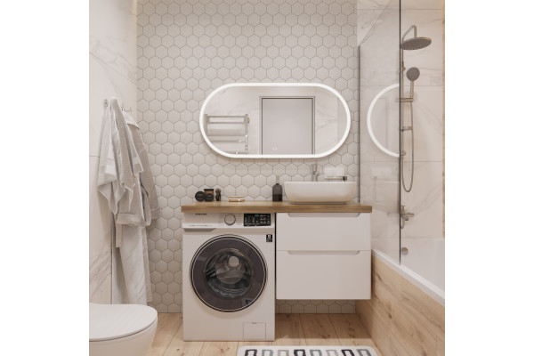 Тумба с раковиной STWORKI Берген 60 белая со светлой столешницей 122, Moduo 50 Square, L, подвесная, с ящиками