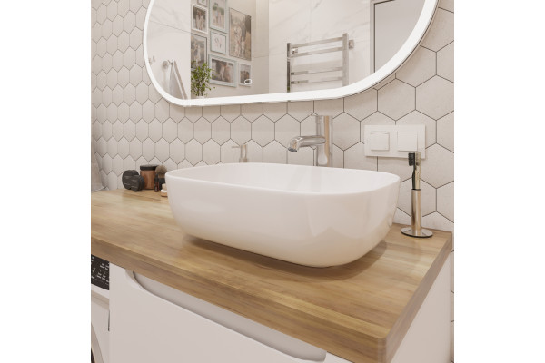 Тумба с раковиной STWORKI Берген 60 белая со светлой столешницей 122, Moduo 50 Square, L, подвесная, с ящиками